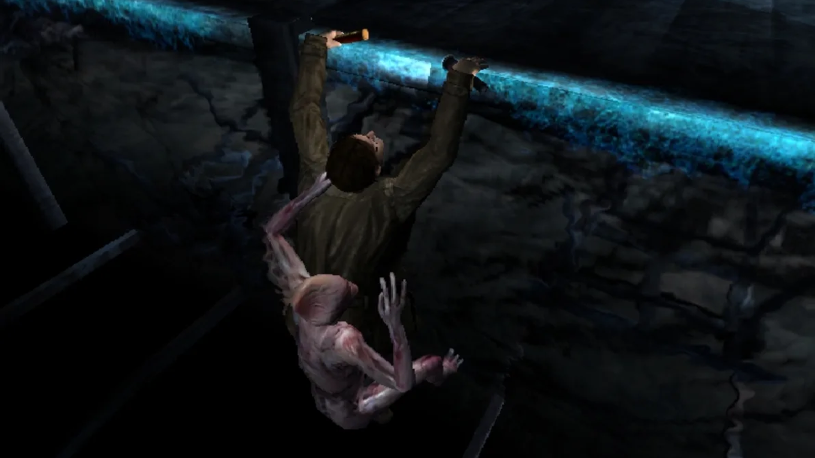 A monster pulling a man from a cliff