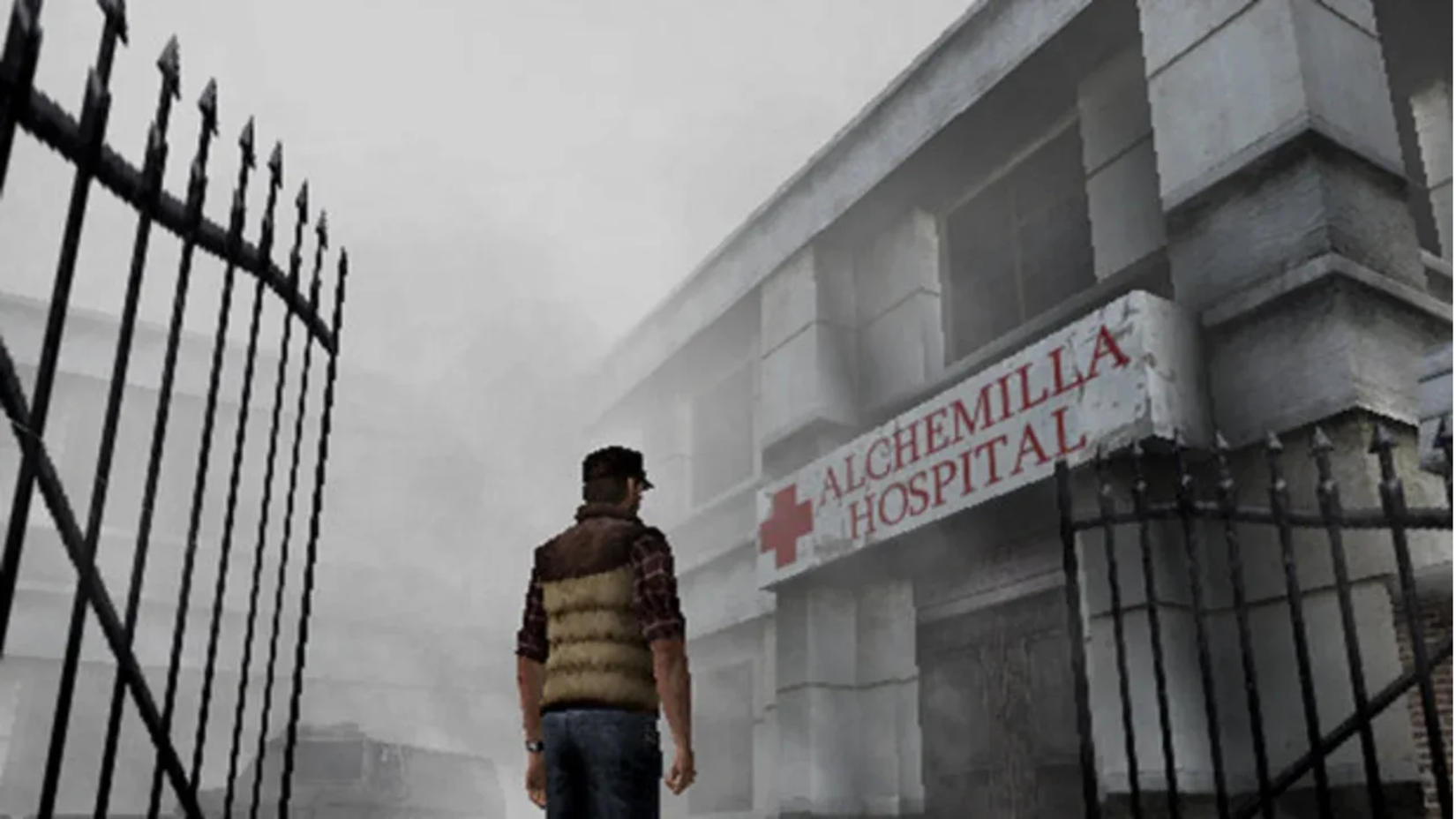 A character entering a hospital surrounded by fog