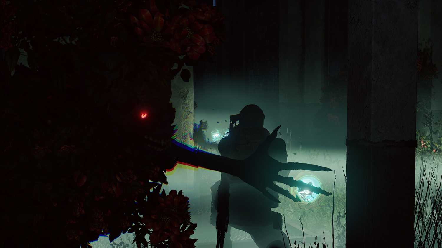 A monster baring its claws behind a player in Active Matter.