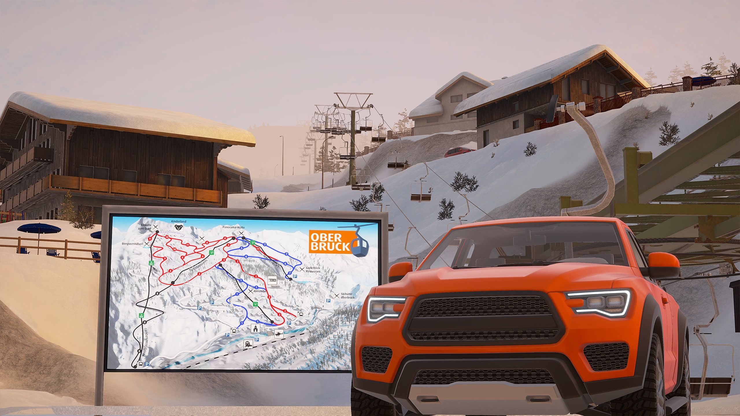 An orange truck next to a ski lodge in Alpine: The Simulator.