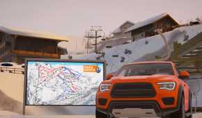 An orange truck next to a ski lodge in Alpine: The Simulator.