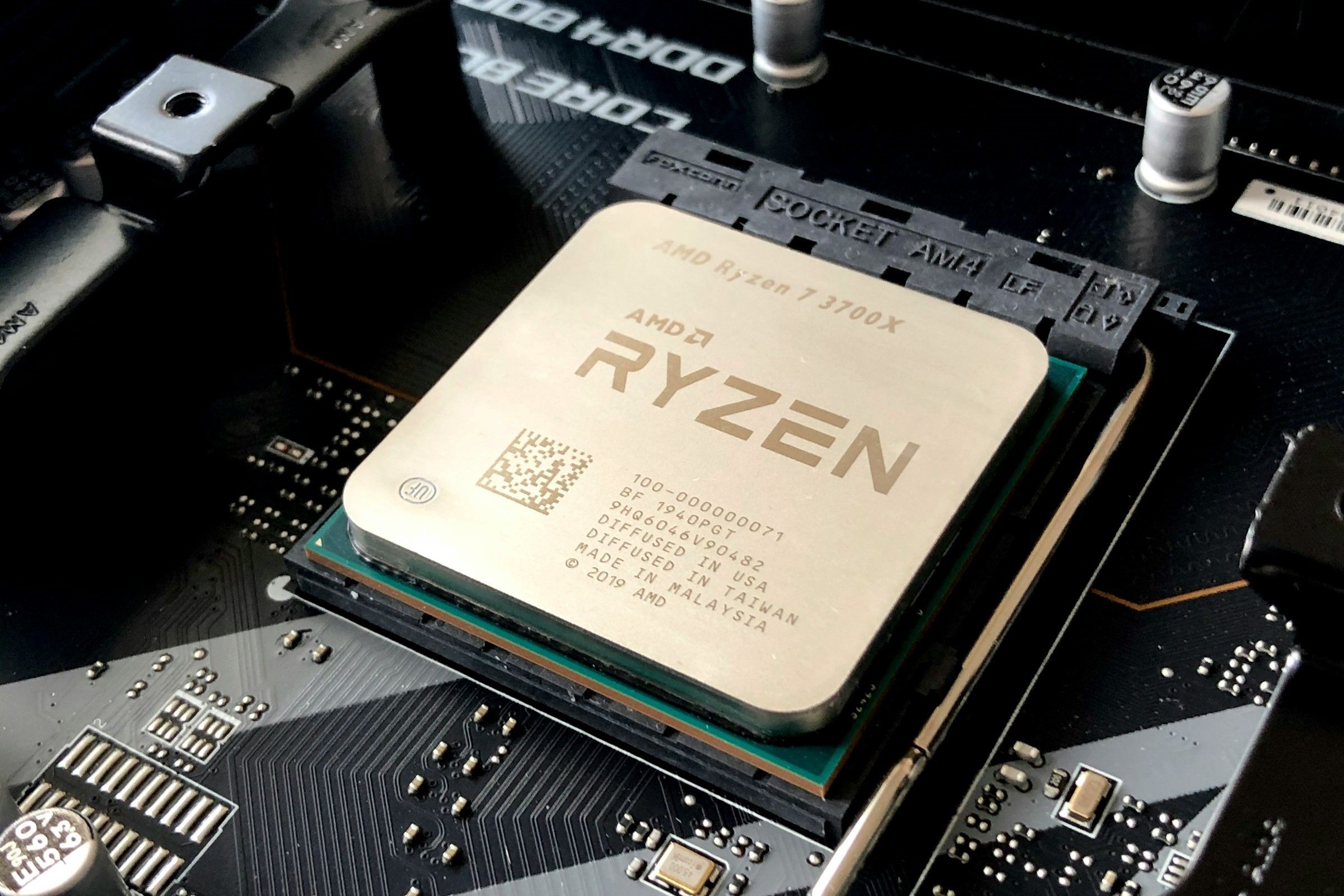 An AMD CPU installed on a motherboard