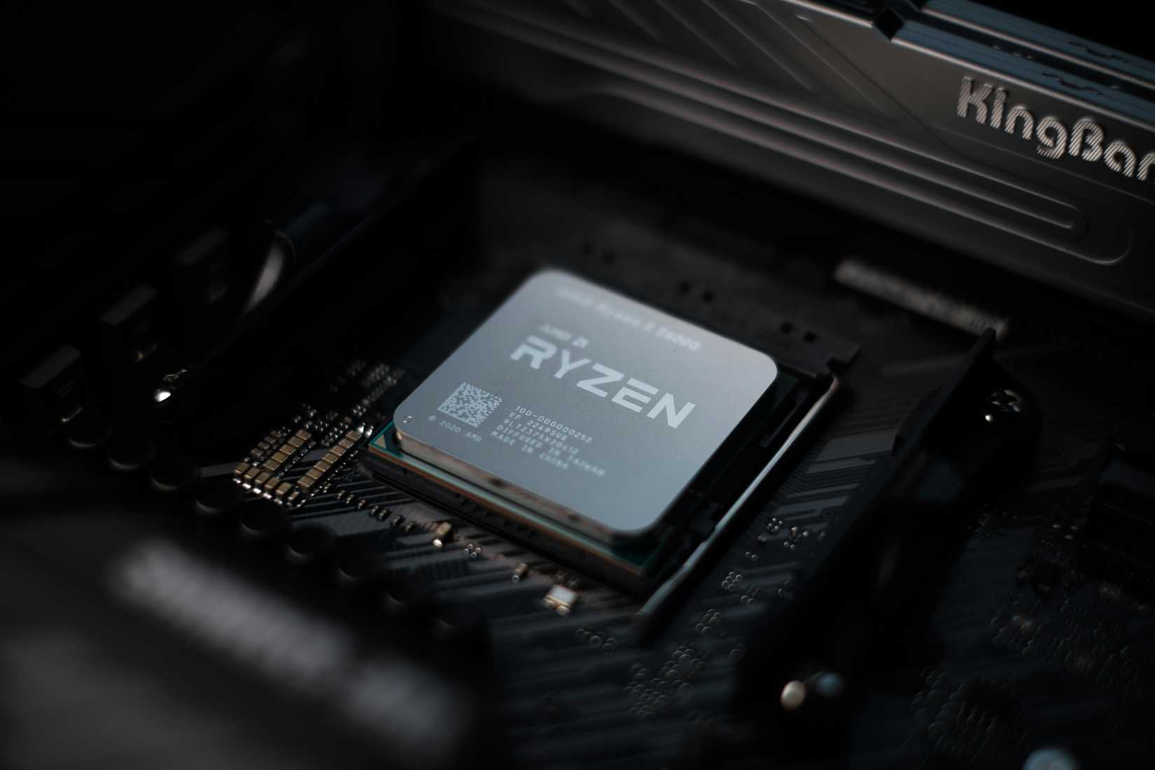 Image of an AMD Ryzen processor installed on a motherboard.