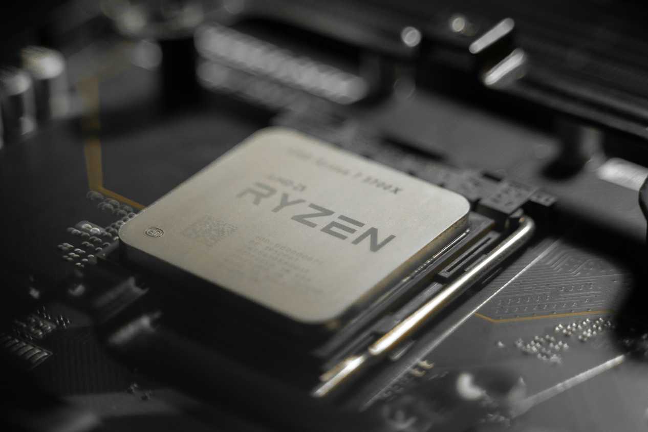 An image of an AMD Ryzen CPU installed on a motherboard.
