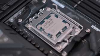 An image of an AMD Ryzen CPU installed on an ASUS motherboard.