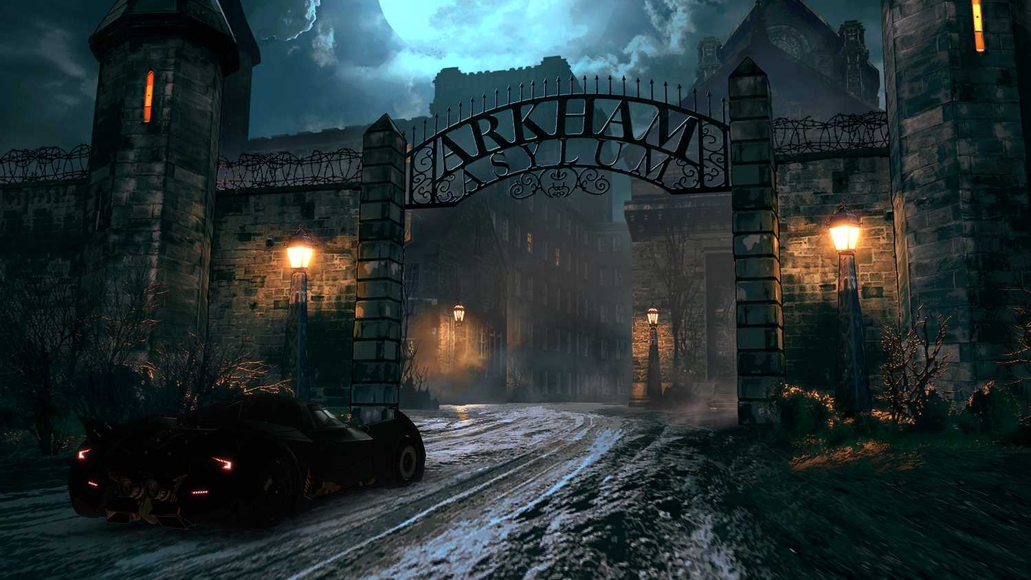 The Batmobile driving into Arkham Asylum in Batman: The Telltale Series.