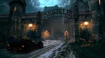 The Batmobile driving into Arkham Asylum in Batman: The Telltale Series.