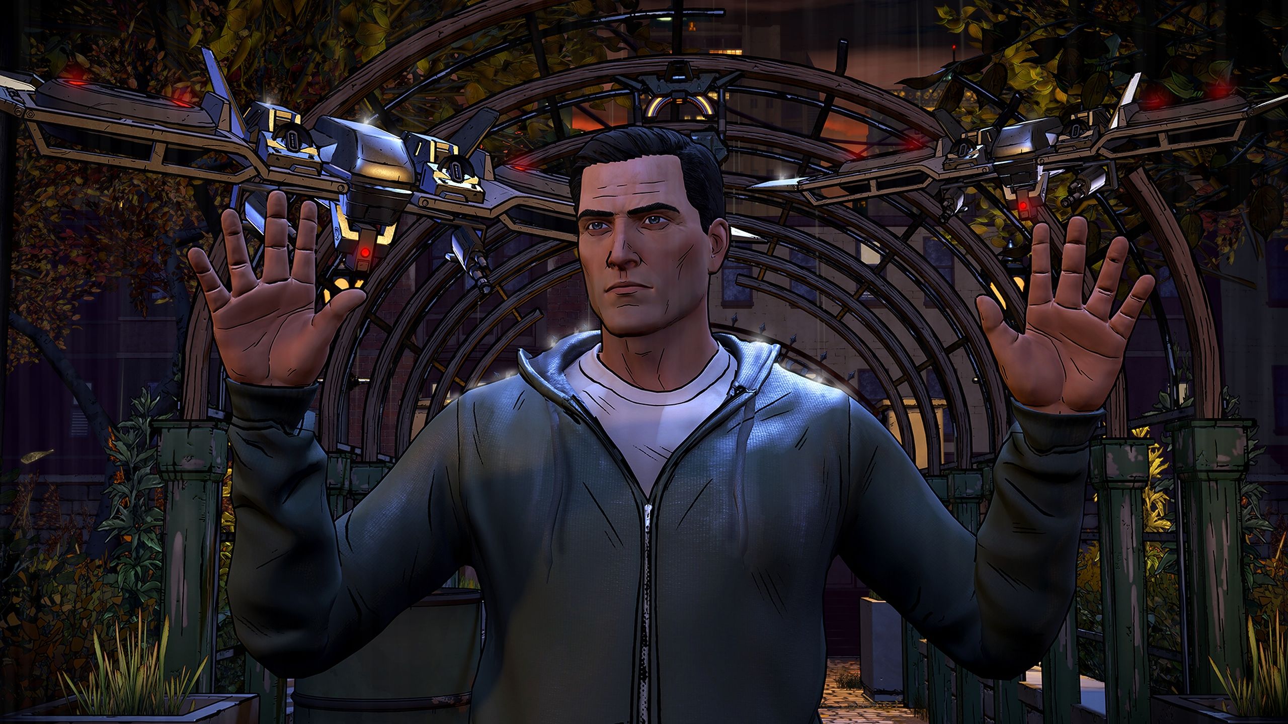 Bruce Wayne raising up his hands in Batman: The Telltale Series.