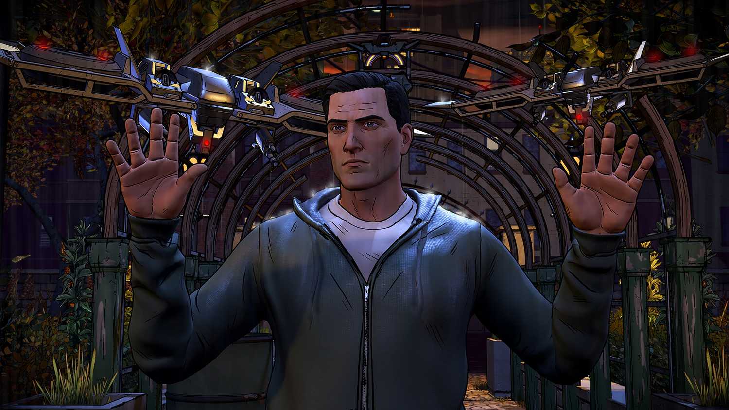 Bruce Wayne raising up his hands in Batman: The Telltale Series.