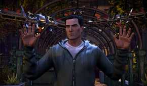 Bruce Wayne raising up his hands in Batman: The Telltale Series.