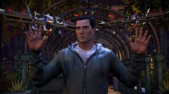 Bruce Wayne raising up his hands in Batman: The Telltale Series.