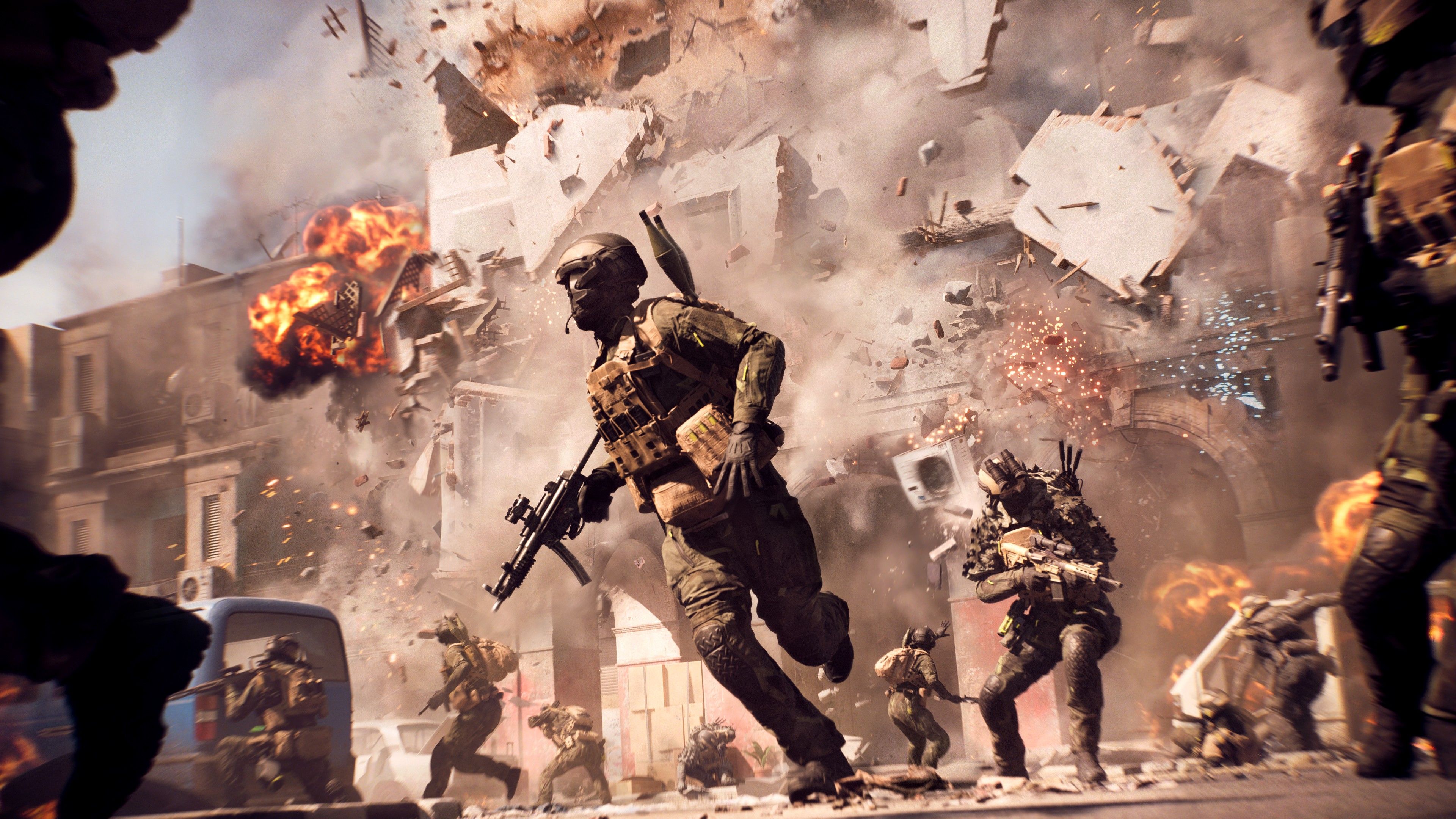 Soldiers run from debris in Battlefield 6