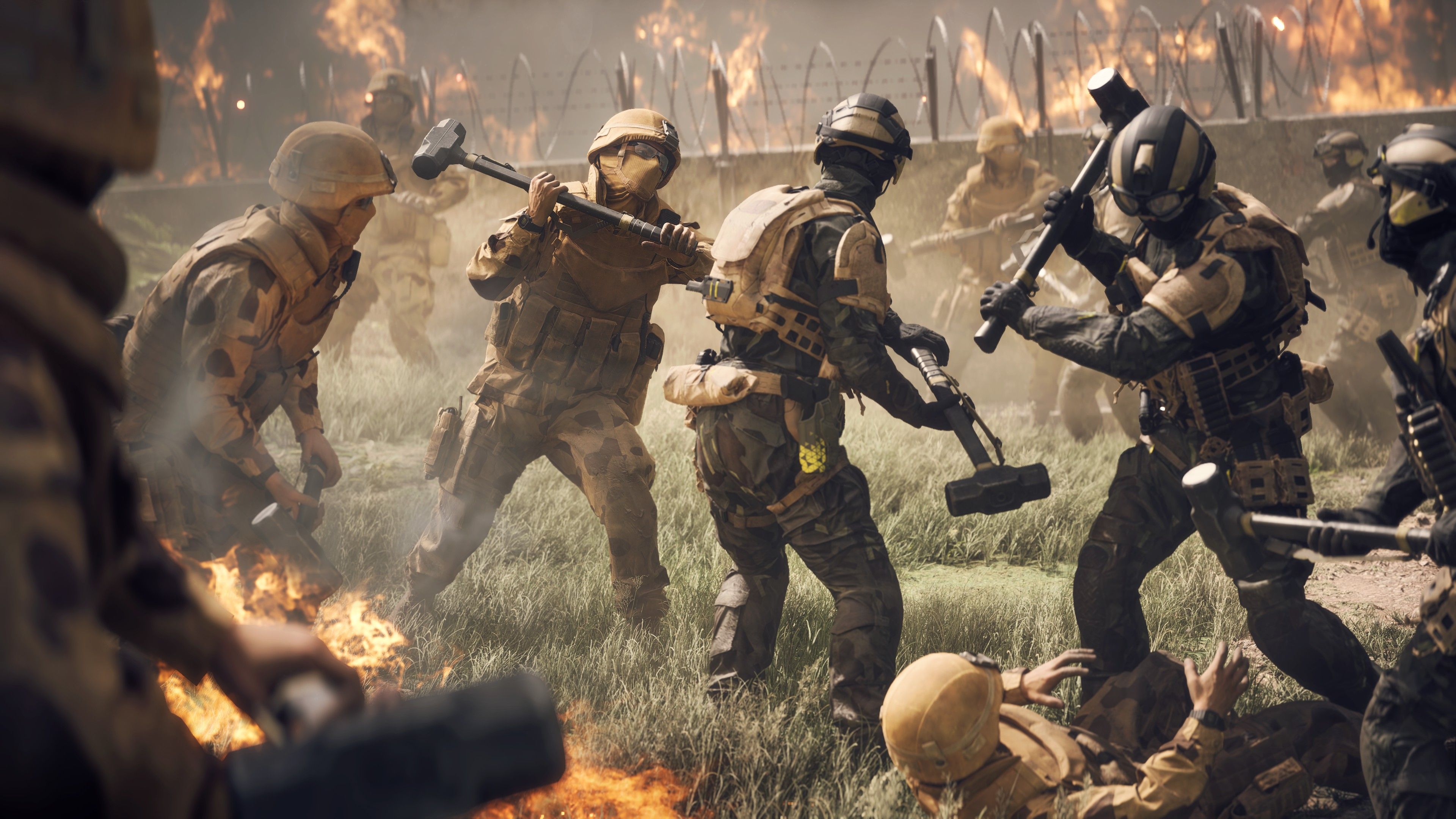 Players fight each other with Sledgehammers in a Battlefield Portal mode