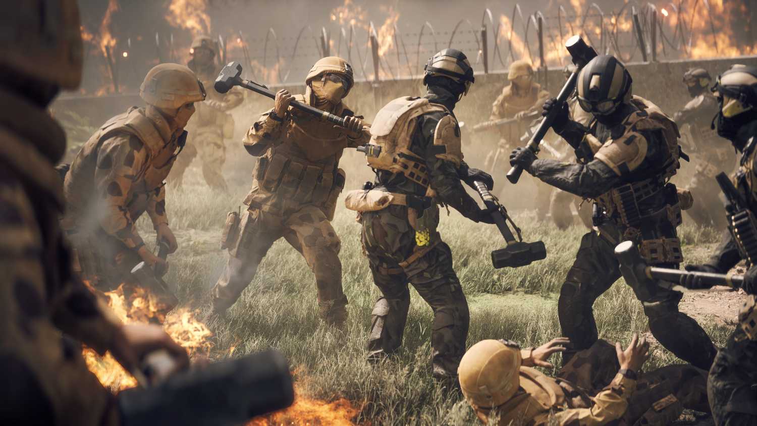 Players fight each other with Sledgehammers in a Battlefield Portal mode