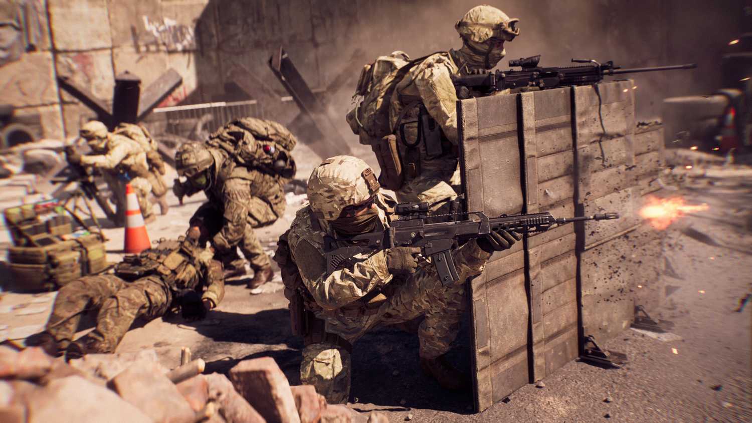 A squad shoots and heals each other from behind cover in Battlefield 6