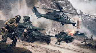 A squad of soldiers, tanks, and helicopters charges in Battlefield 6