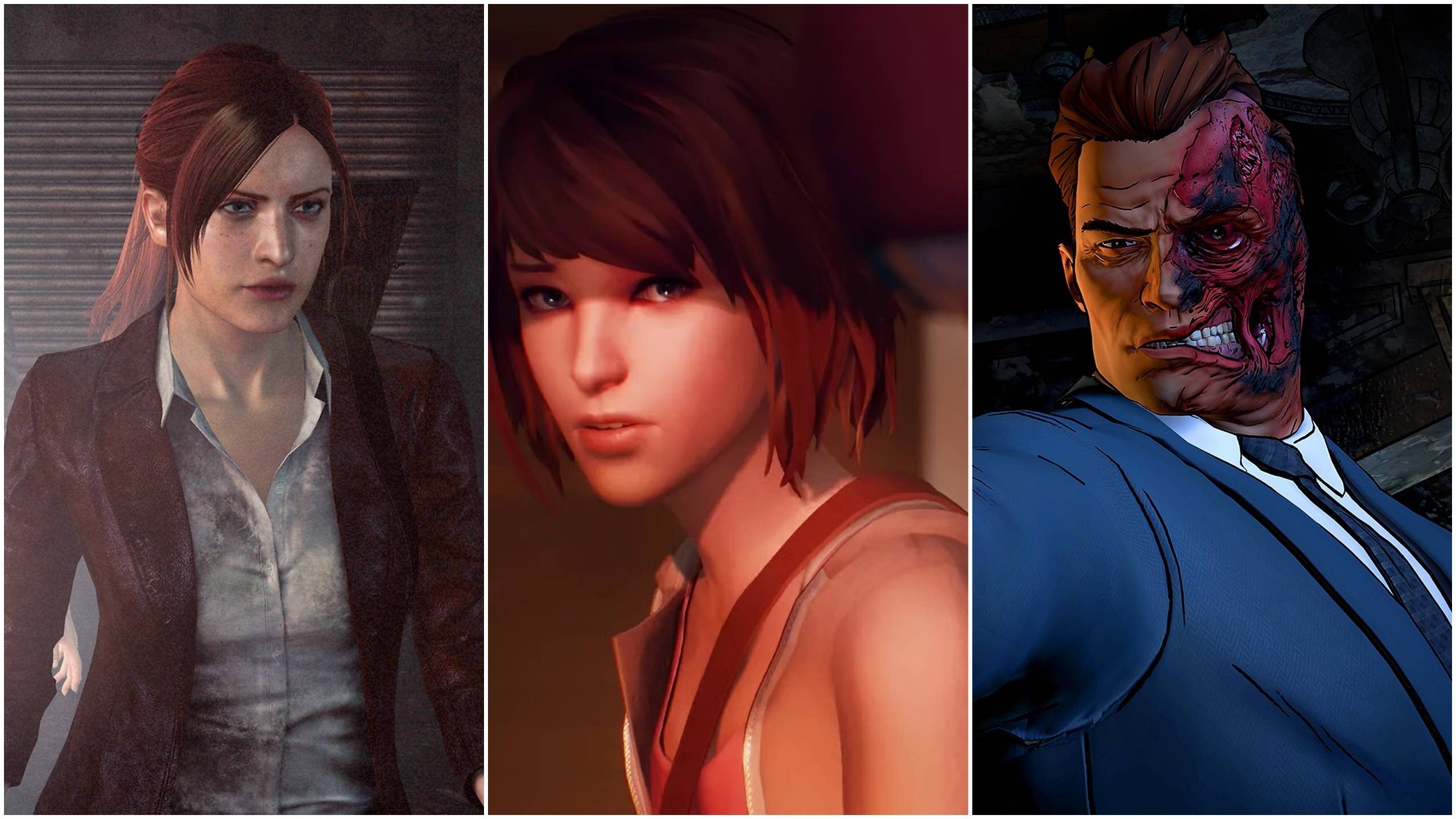 Claire Redfield from Resident Evil: Revelations 2, Max Caulfield from Life is Strange, and Harvey Dent Two-Face from Batman: The Telltale Series.