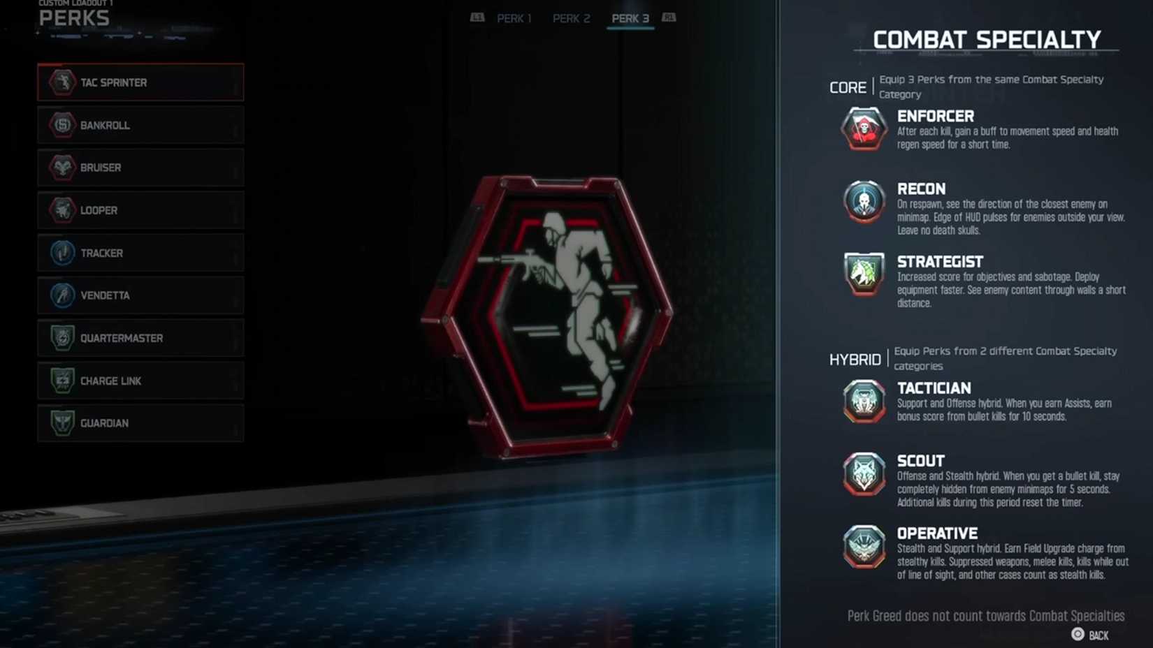 A screenshot of the perks screen showing all specialties and hybrid specialties