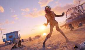 A zombified woman wearing a skater helmet, screaming at the beachside next to a pier in Dead Island 2.