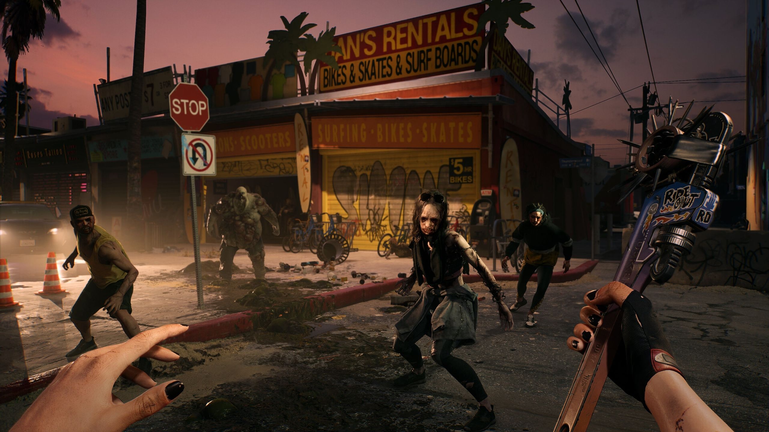 A zombie-hunter ambush at night in Dead Island 2.