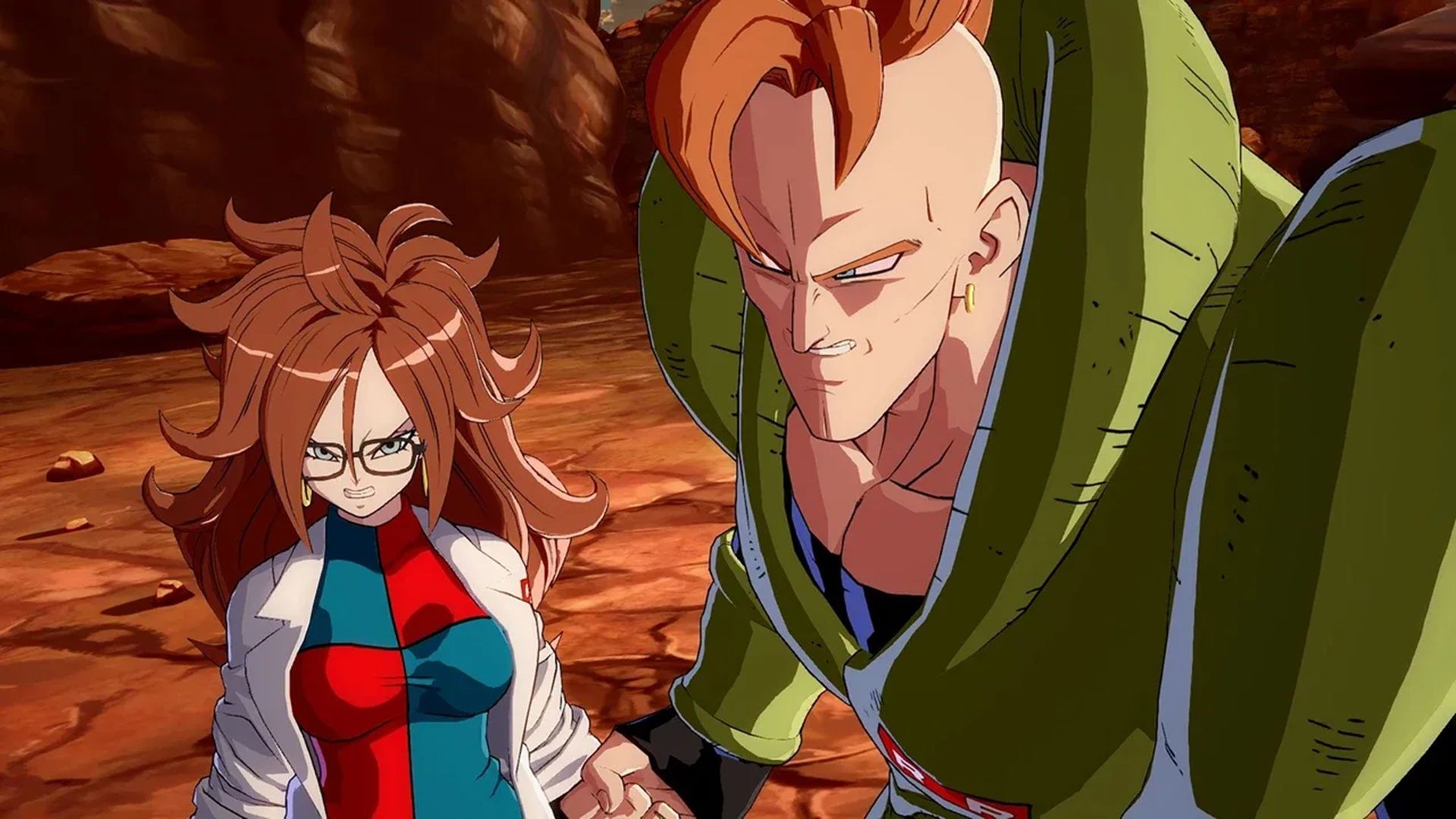 A screenshot of Android 16 and Android 21 from Dragon Ball FighterZ
