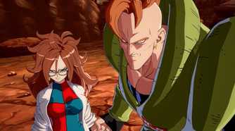 A screenshot of Android 16 and Android 21 from Dragon Ball FighterZ