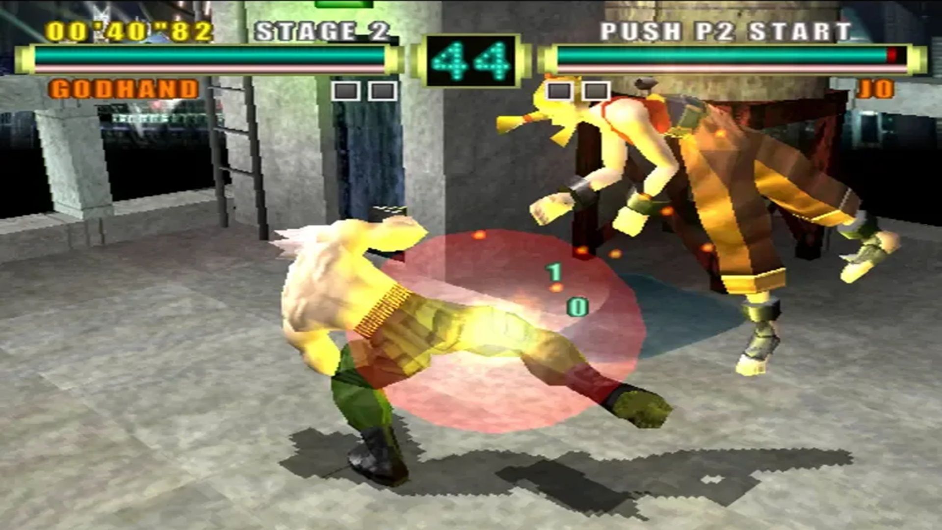 A screenshot of Godhand in a match in Ehrgeiz God Bless the Ring