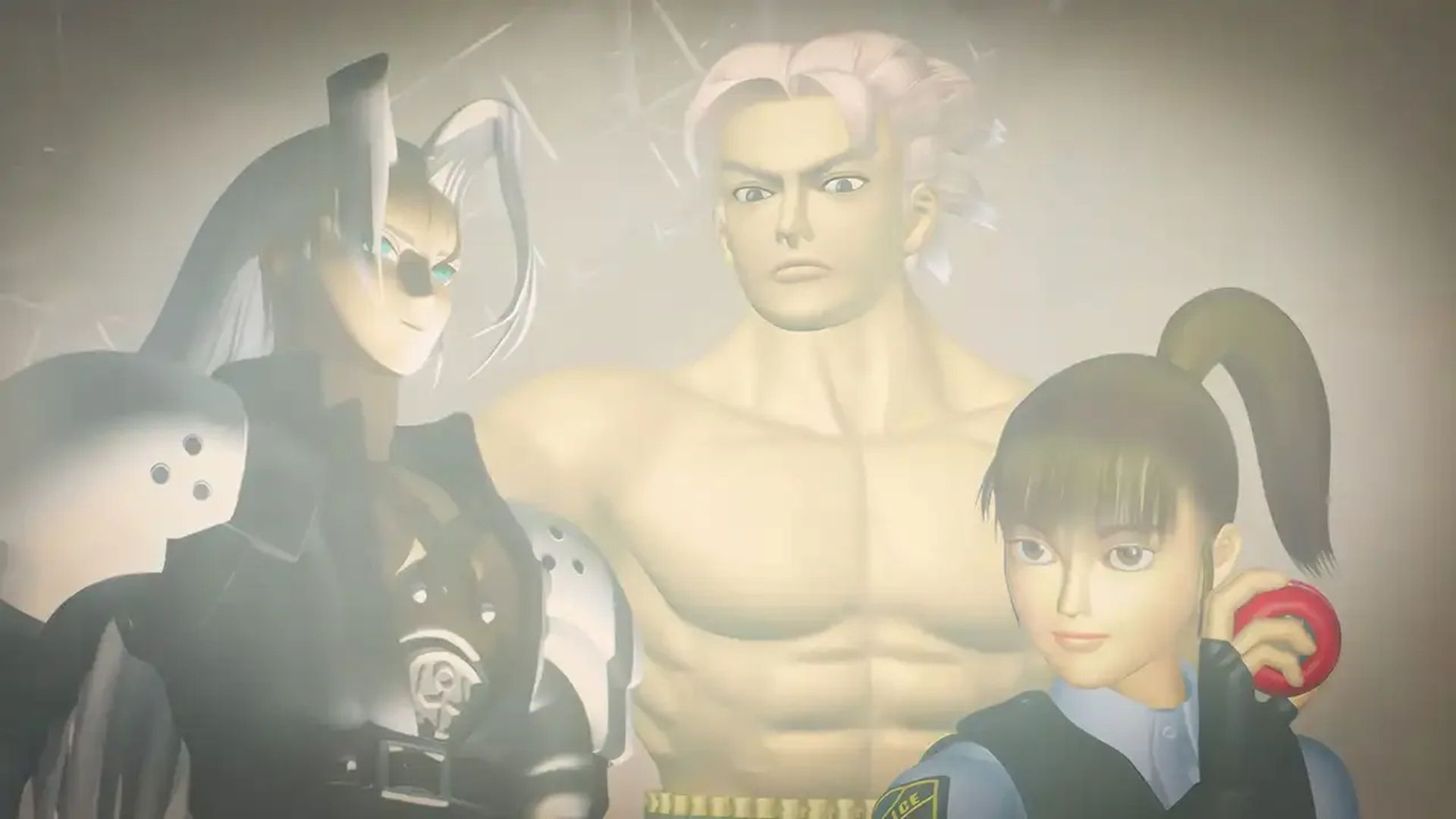 A screenshot of key art featuring FFVII's Sephiroth from Ehrgeiz God Bless the Ring