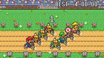 A screenshot of gameplay from Excitebike: Bun Bun Mario Battle Stadium