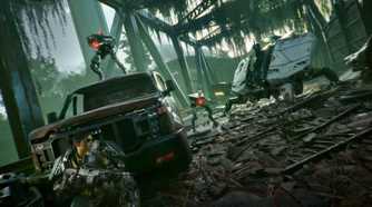 A player hiding from hostile machines in Exoborne.
