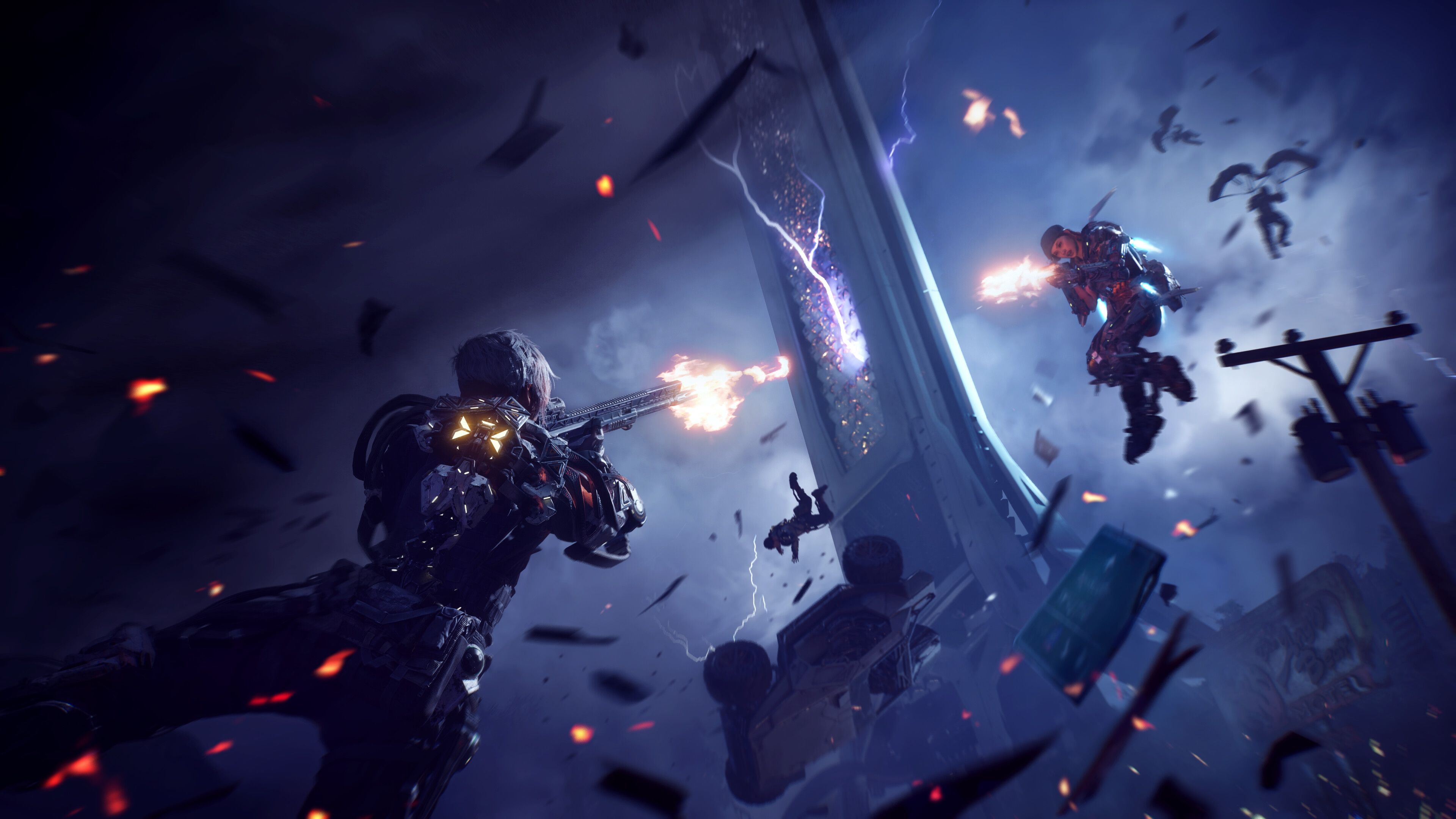 Firefight in the middle of a thunderstorm in Exoborne.
