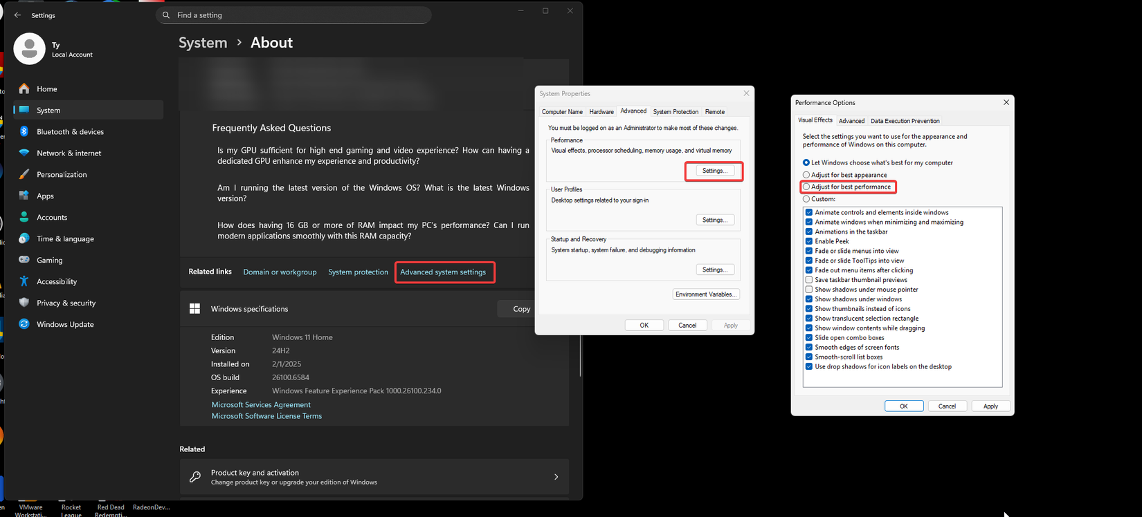 A screenshot showing how to disable visual effects in Windows 11