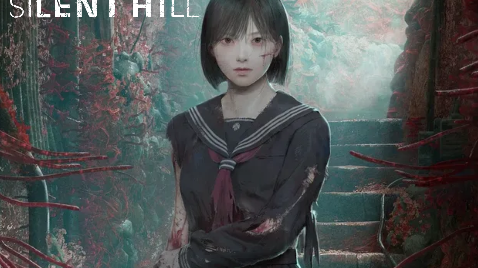 A japaneese girls in a dim alleyway with red plant growths around her and the Silent Hill log in the top left corner