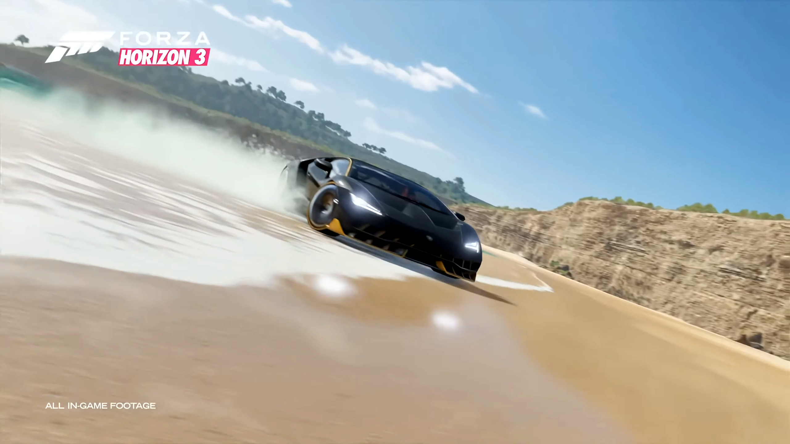 The Lamborghini Centenario on a beach in Forza Horizon 3.