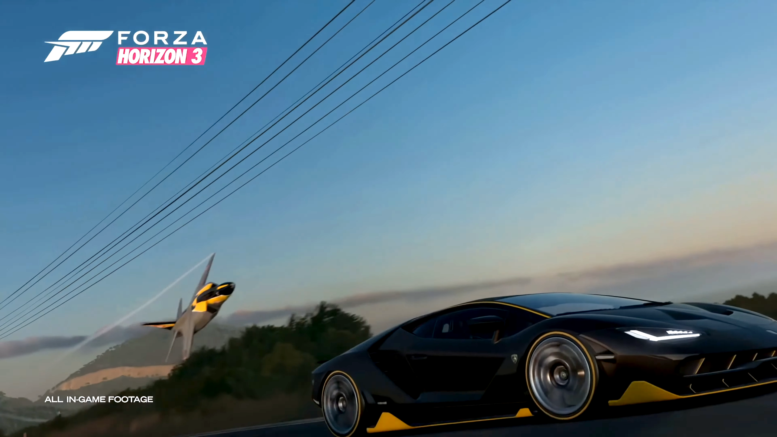 The Lamborghini Centenario racing a jet in Forza Horizon 3.