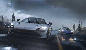 Cars driving during a thunderstorm in Forza Horizon 5.