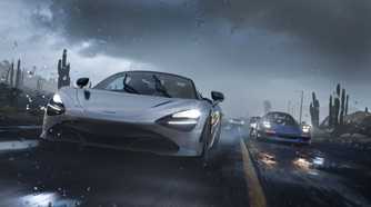 Cars driving during a thunderstorm in Forza Horizon 5.