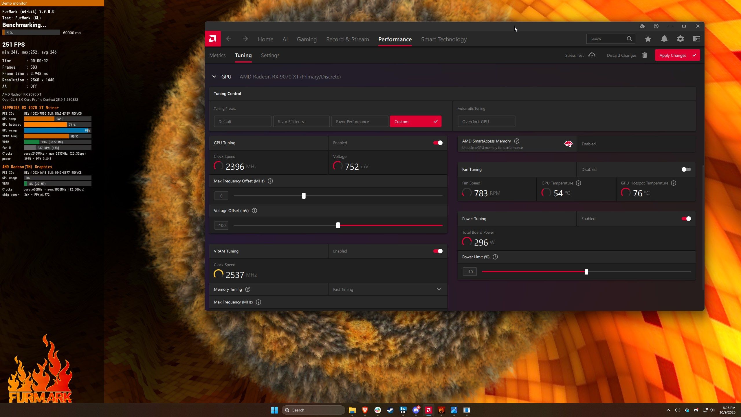 A screenshot of a GPU stress test and AMD Adrenalin software