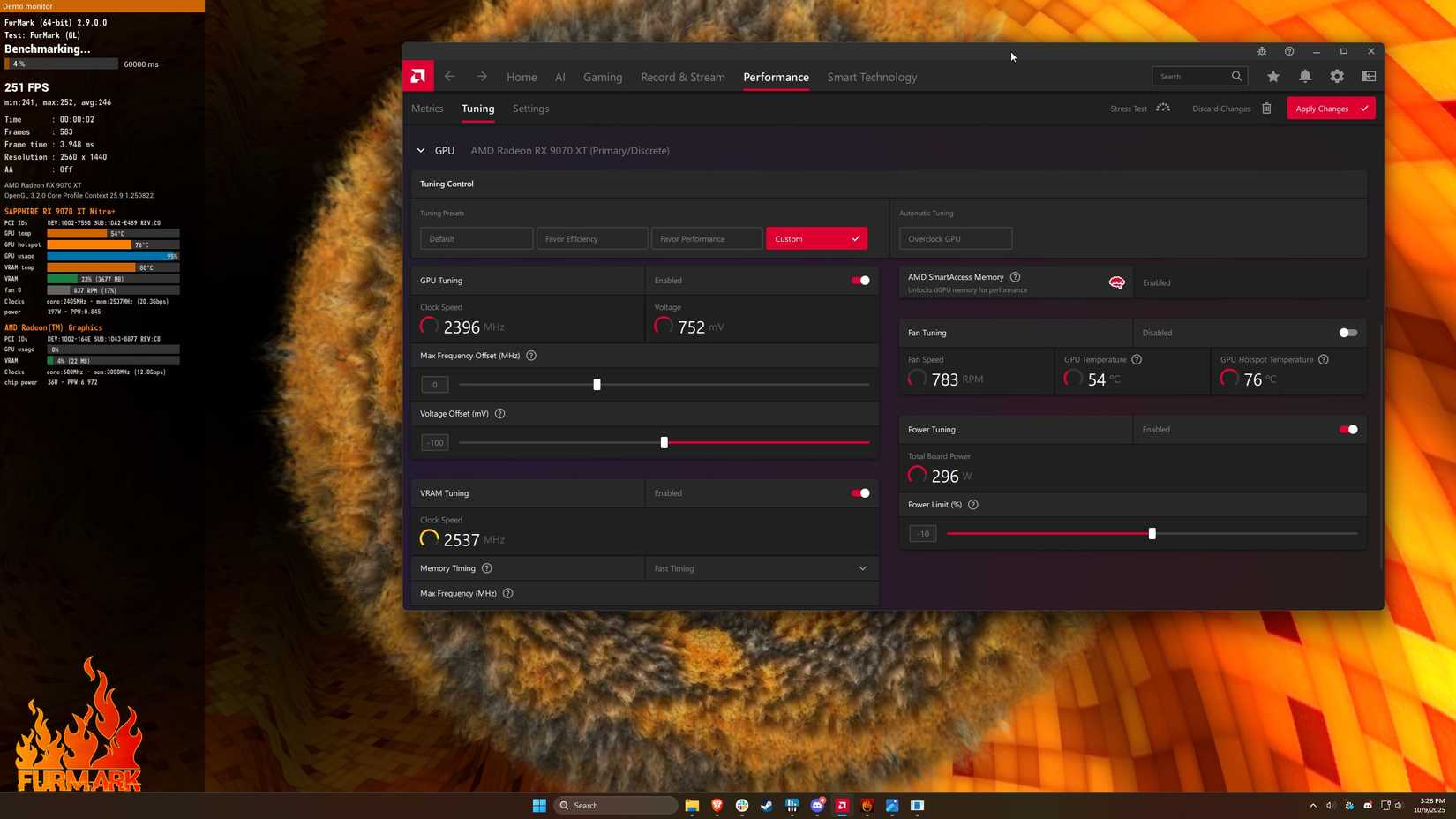 Una captura de pantalla de una prueba de estrés de GPU y el software AMD Adrenalin