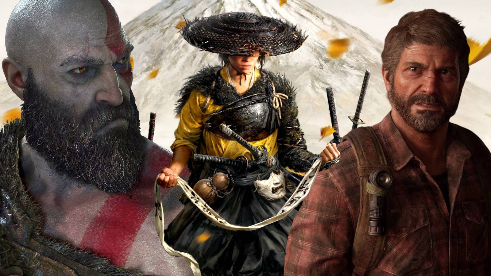 Kratos, Atsu, and Joel from God of War, Ghost of Yotei, and The Last of Us.