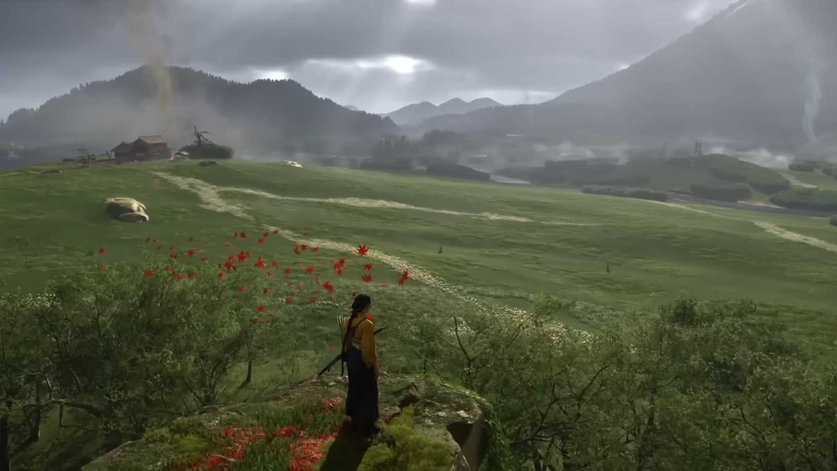 A screenshot of Atsu looking out into the distance near a hot spring in Ghost of Yotei