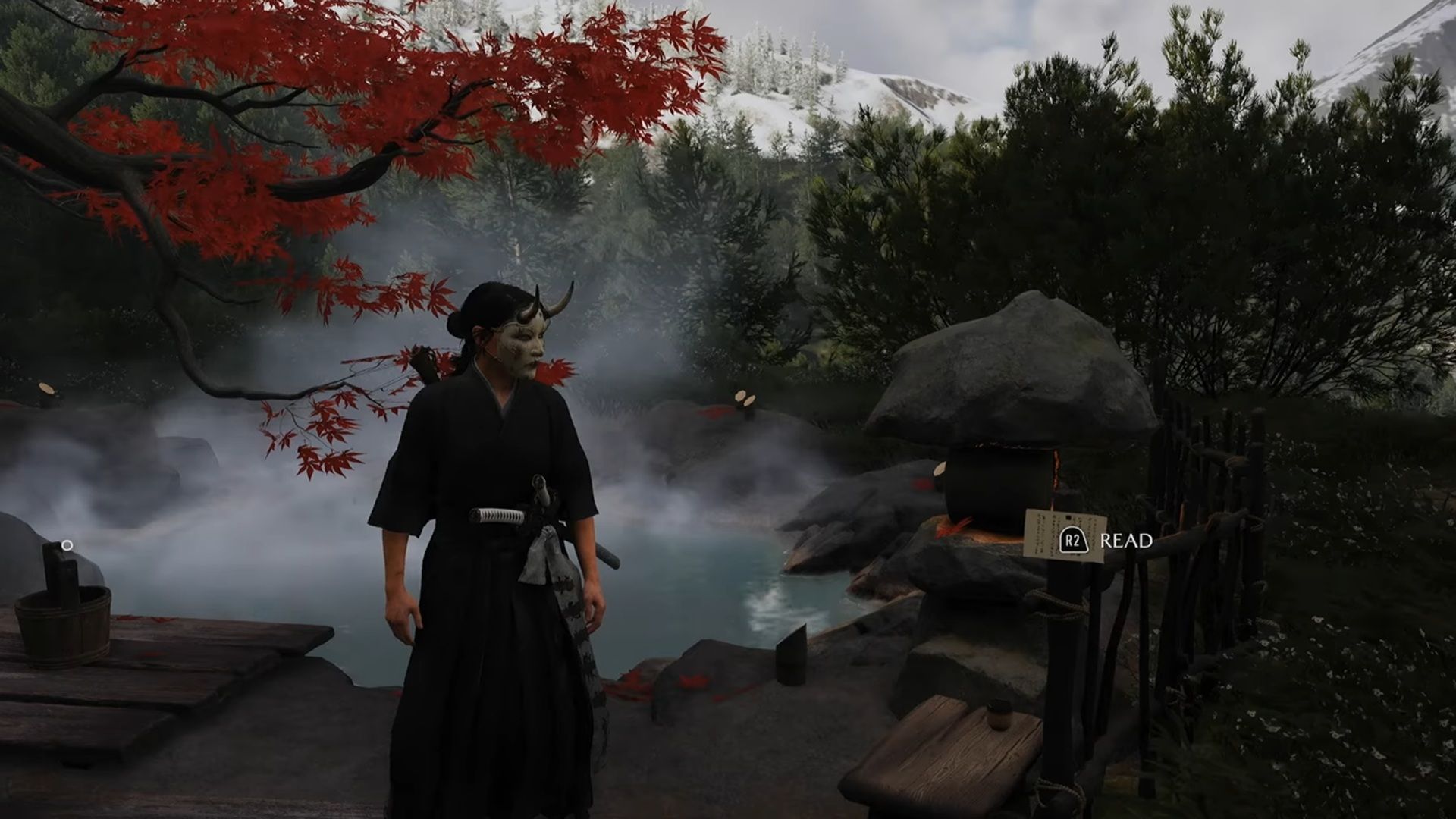 A screenshot of Atsu looking at a note in a hot spring in Ghost of Yotei