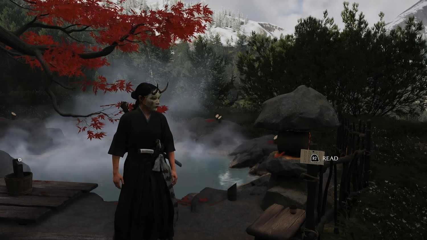 A screenshot of Atsu looking at a note in a hot spring in Ghost of Yotei
