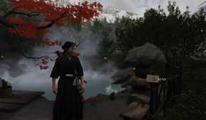A screenshot of Atsu looking at a note in a hot spring in Ghost of Yotei