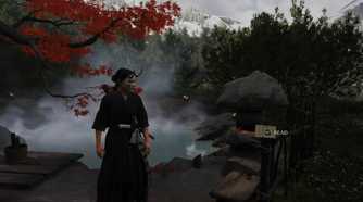 A screenshot of Atsu looking at a note in a hot spring in Ghost of Yotei