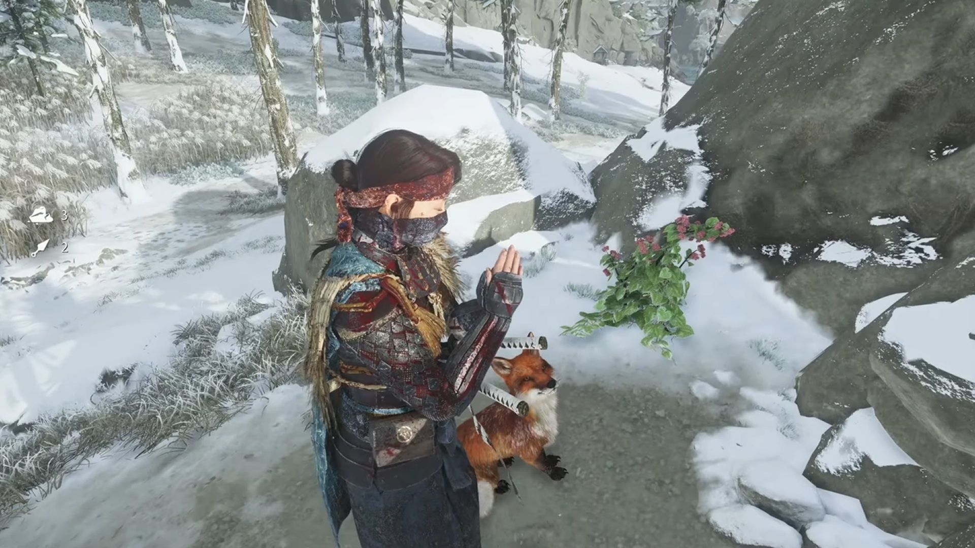 A screenshot of Atsu bowing at a Fox Shrine with a fox nearby in Ghost of Yotei