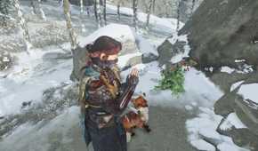 A screenshot of Atsu bowing at a Fox Shrine with a fox nearby in Ghost of Yotei