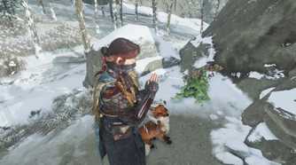 A screenshot of Atsu bowing at a Fox Shrine with a fox nearby in Ghost of Yotei