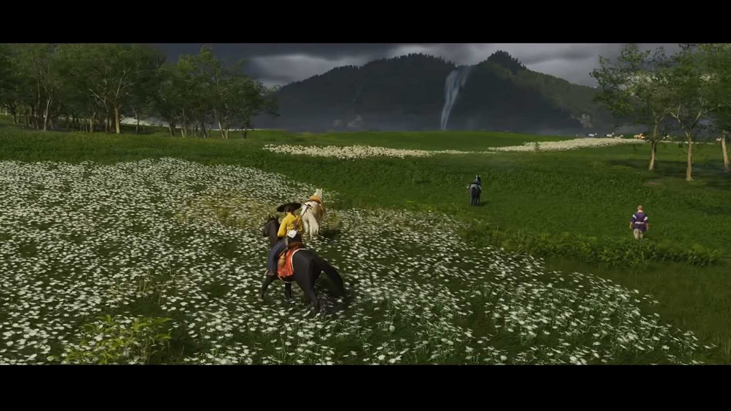 A screenshot of Atsu riding on horseback near multiple horses and people in Ghost of Yotei