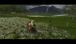 A screenshot of Atsu riding on horseback near multiple horses and people in Ghost of Yotei